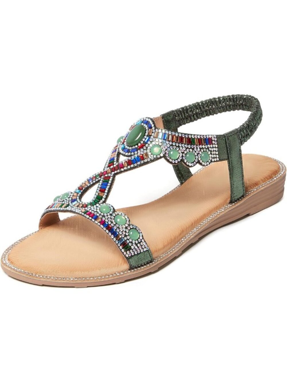 Rhinestone Strappy Flat Sandals with Elastic Ankle Strap - Open Toe Summer Shoes